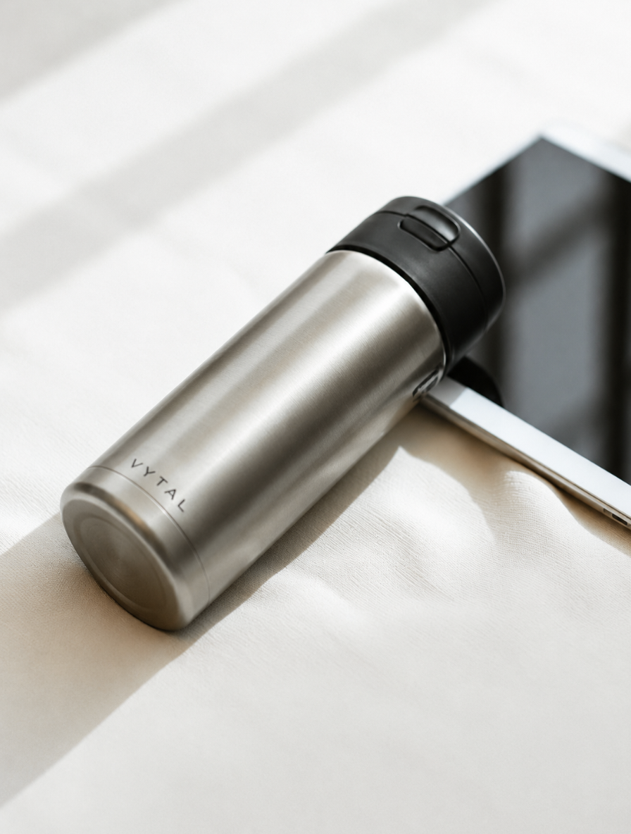 Gebürstete Stahl-Nachfüllflasche liegt auf Leinen neben einer Energie-Tablette