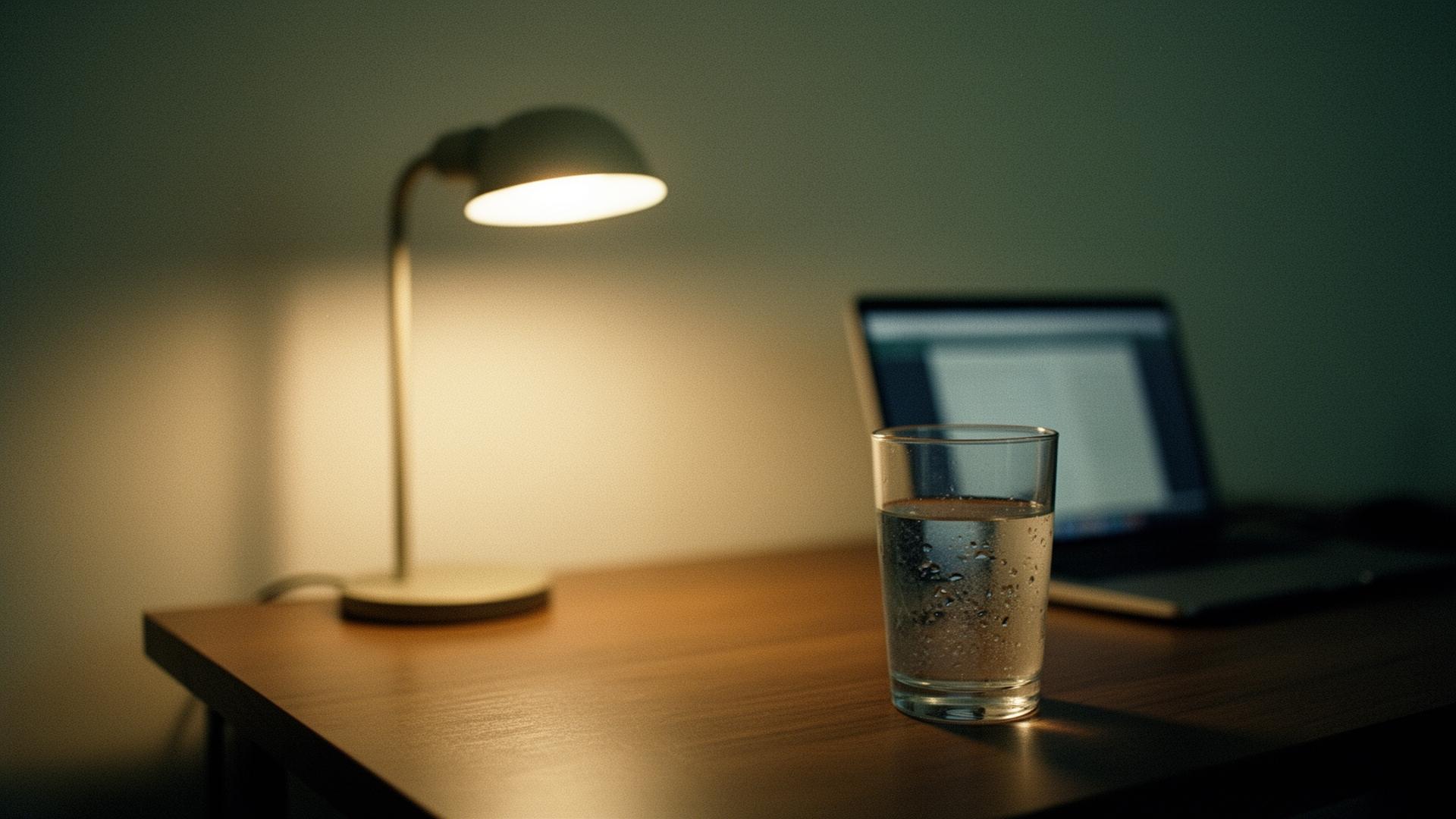 Ruhiger Spätabend-Arbeitsplatz, beleuchtet von einer einzelnen Schreibtischlampe