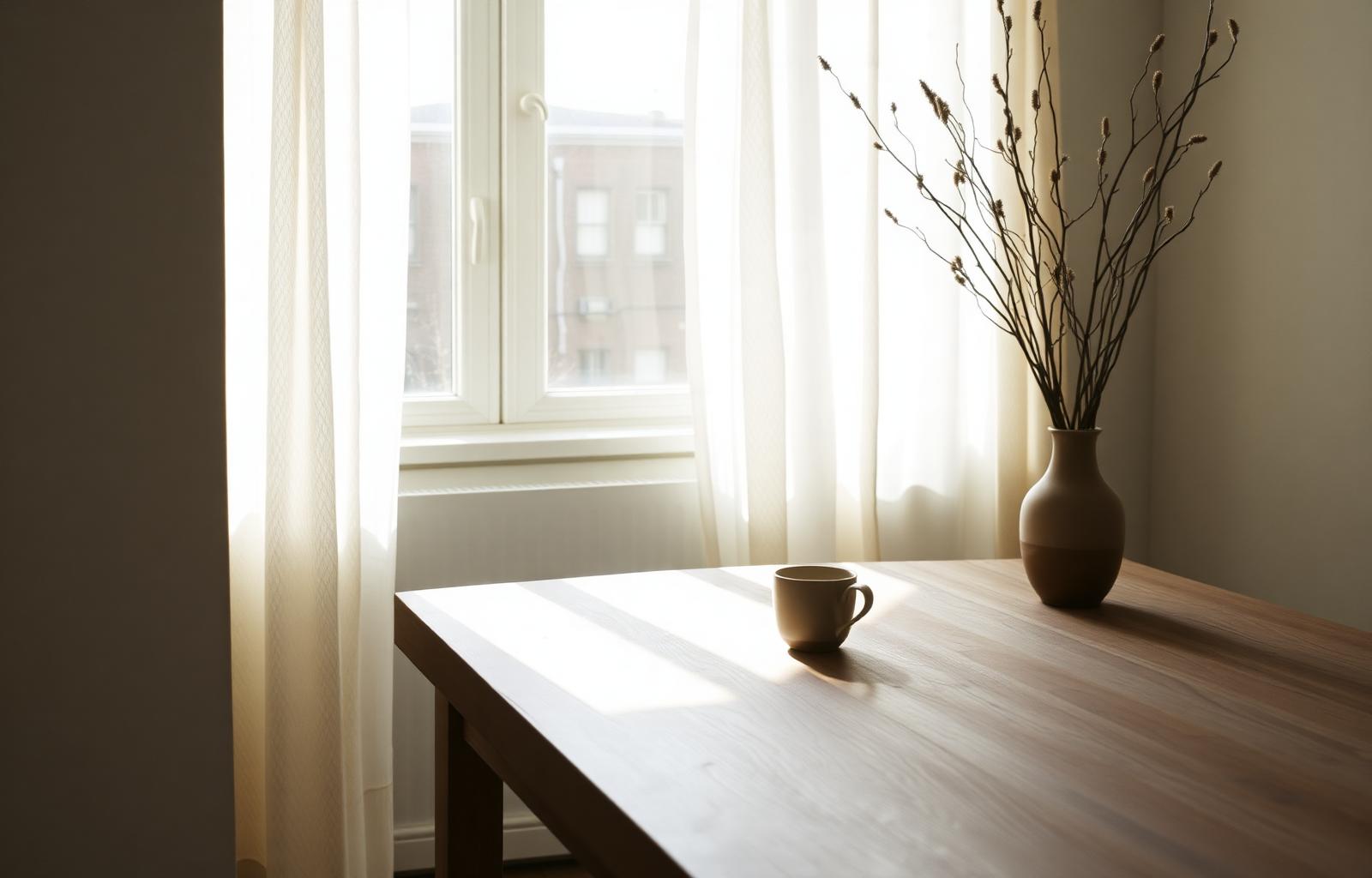 Sonnenbeschienener Tisch nahe einem Fenster mit einer einzelnen Keramiktasse und getrockneten Ästen