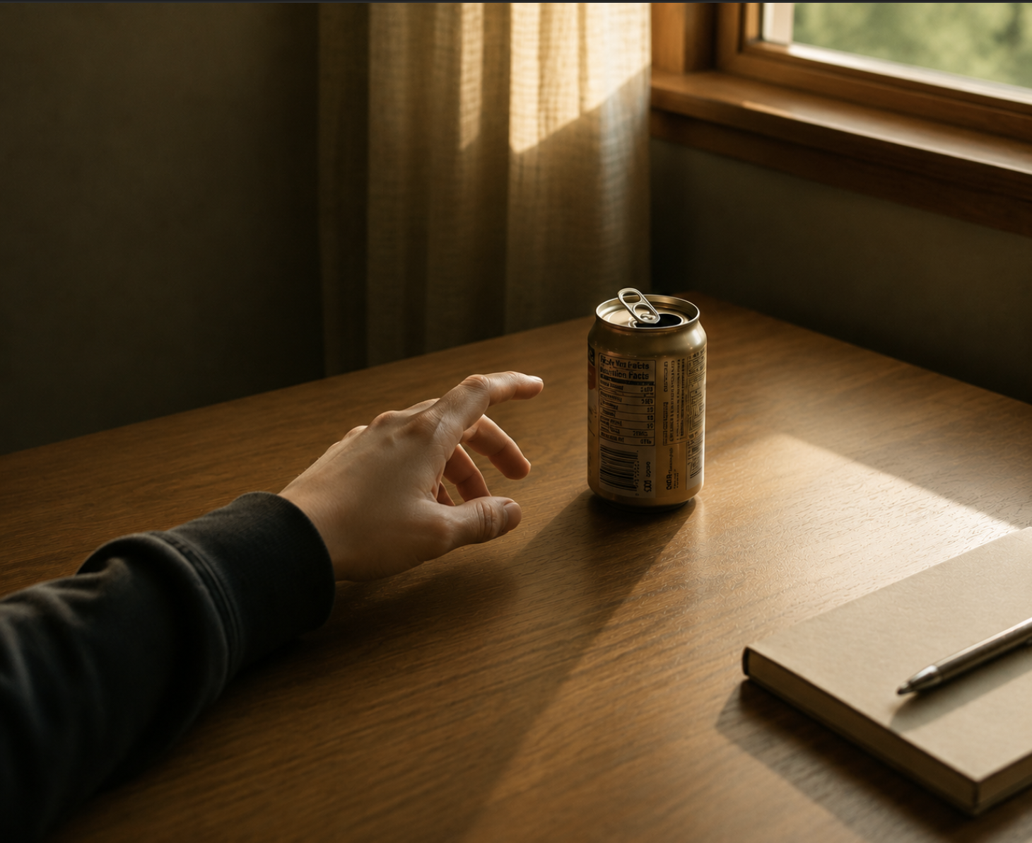 Eine ruhige Hand neben einer leeren Energiedose auf einem Holztisch
