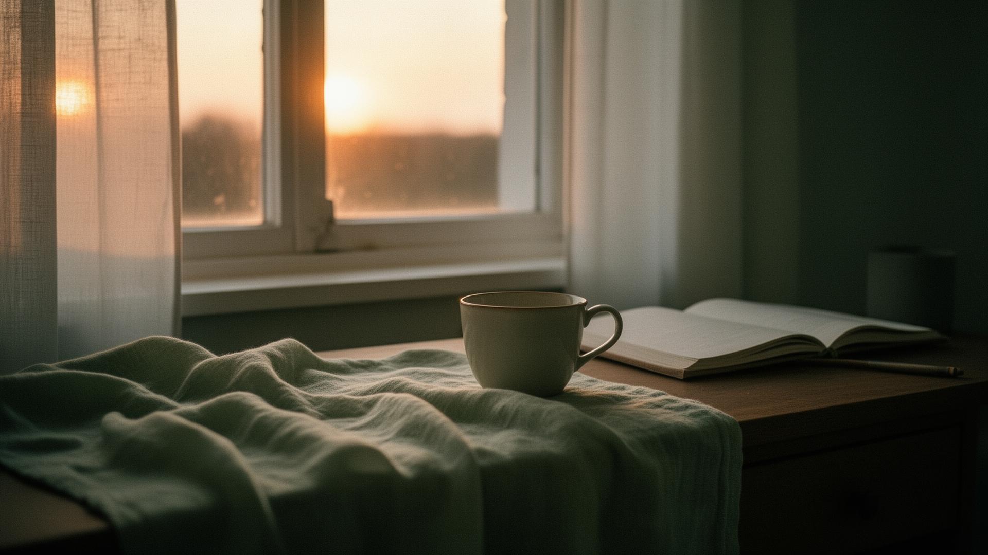 Ruhiger Abend-Arbeitsplatz mit Leinen, einer Keramiktasse und einem offenen Notizbuch