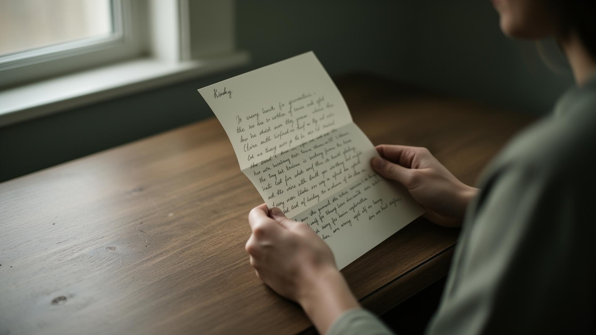 Hände halten einen handgeschriebenen Brief an einem sonnigen Fenster