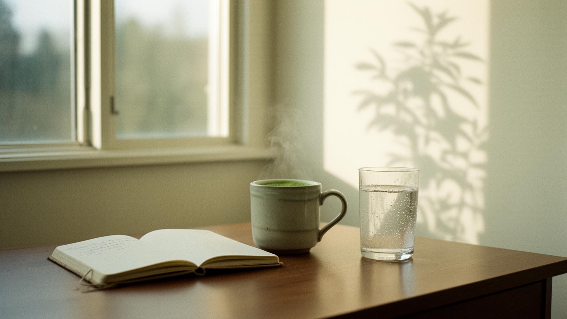 Ruhiger Morgen-Schreibtisch mit Notizbuch, Matcha und einem Glas Wasser