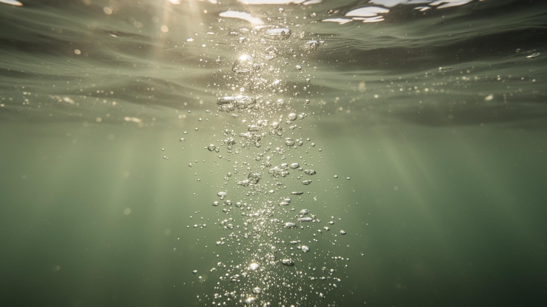 Blasen steigen durch ruhiges Wasser auf