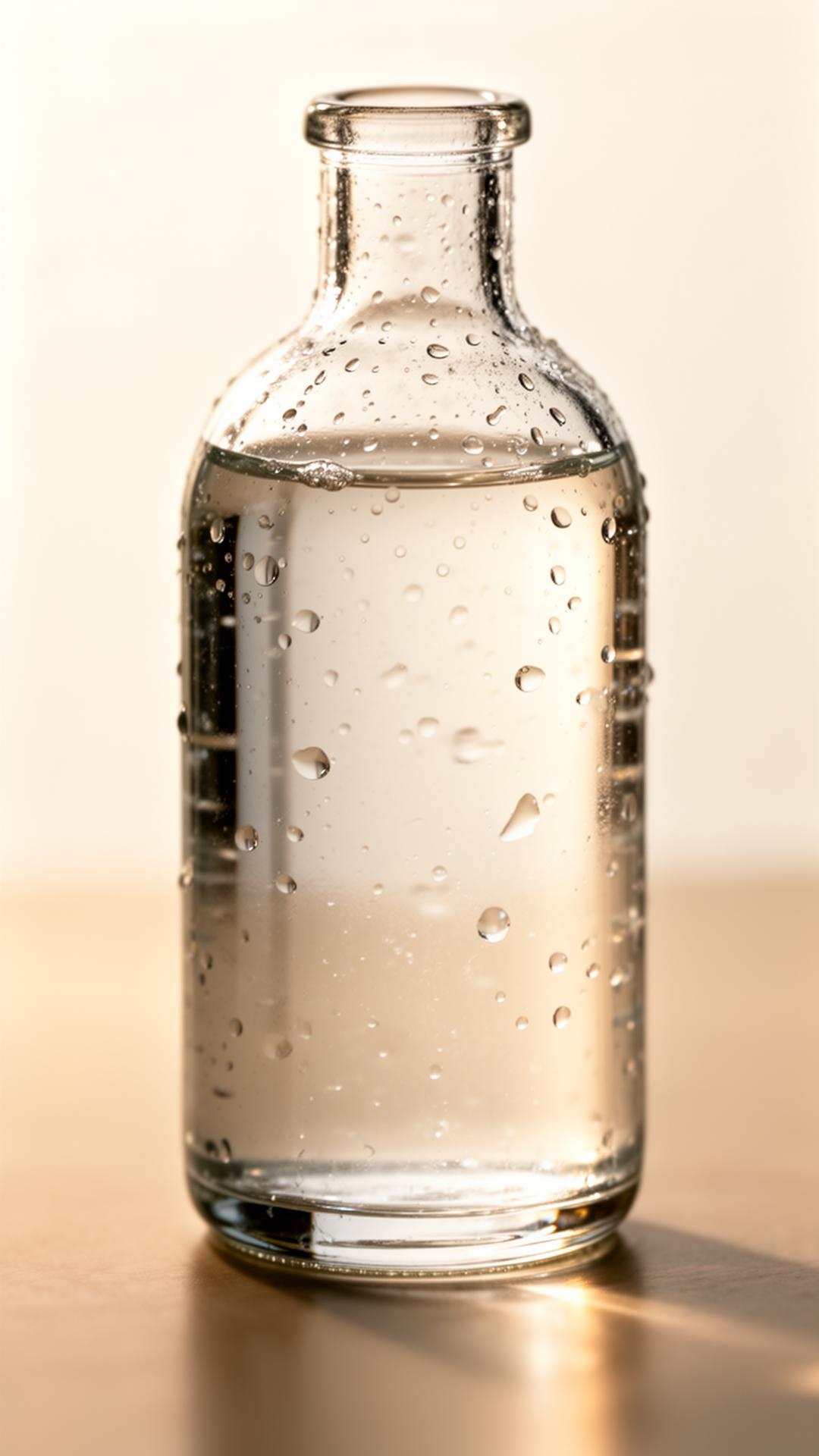 Glasflasche gefüllt mit klarem Wasser im weichen warmen Licht