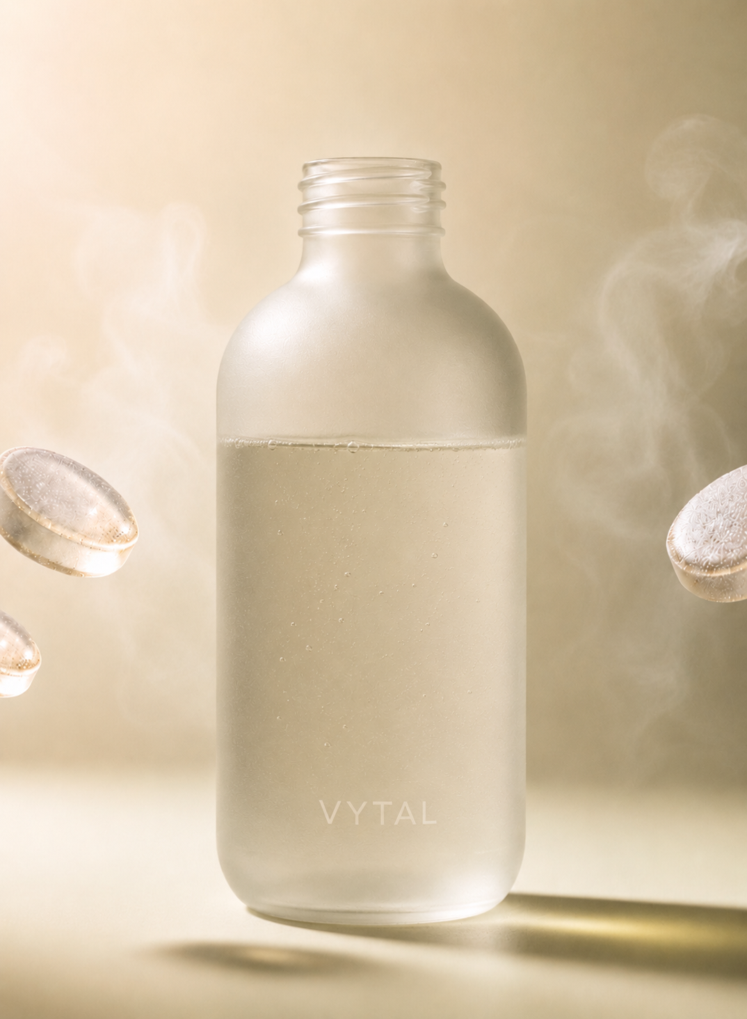 Eine durchscheinende salbeigrüne VYTAL Flasche mit sich auflösenden Energie-Tabletten